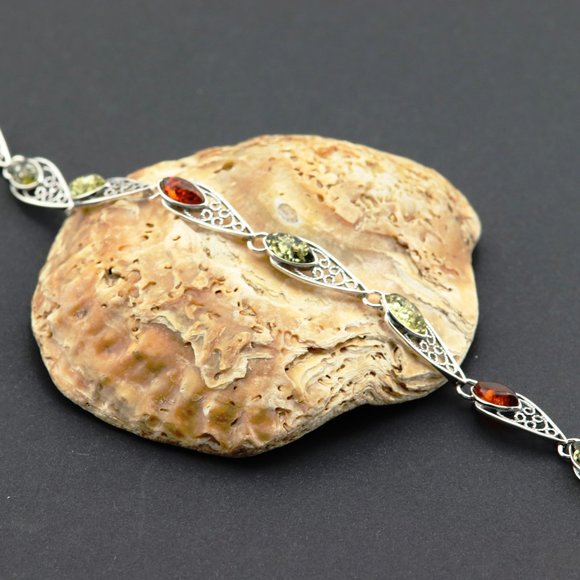 Sterling silver and natural Baltic amber link bracelet - Picture 12 of 13